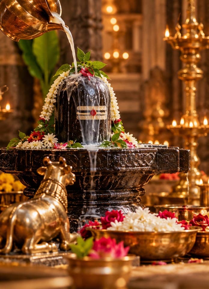 Milk being poured over a garlanded shiva lingam during abhishekam