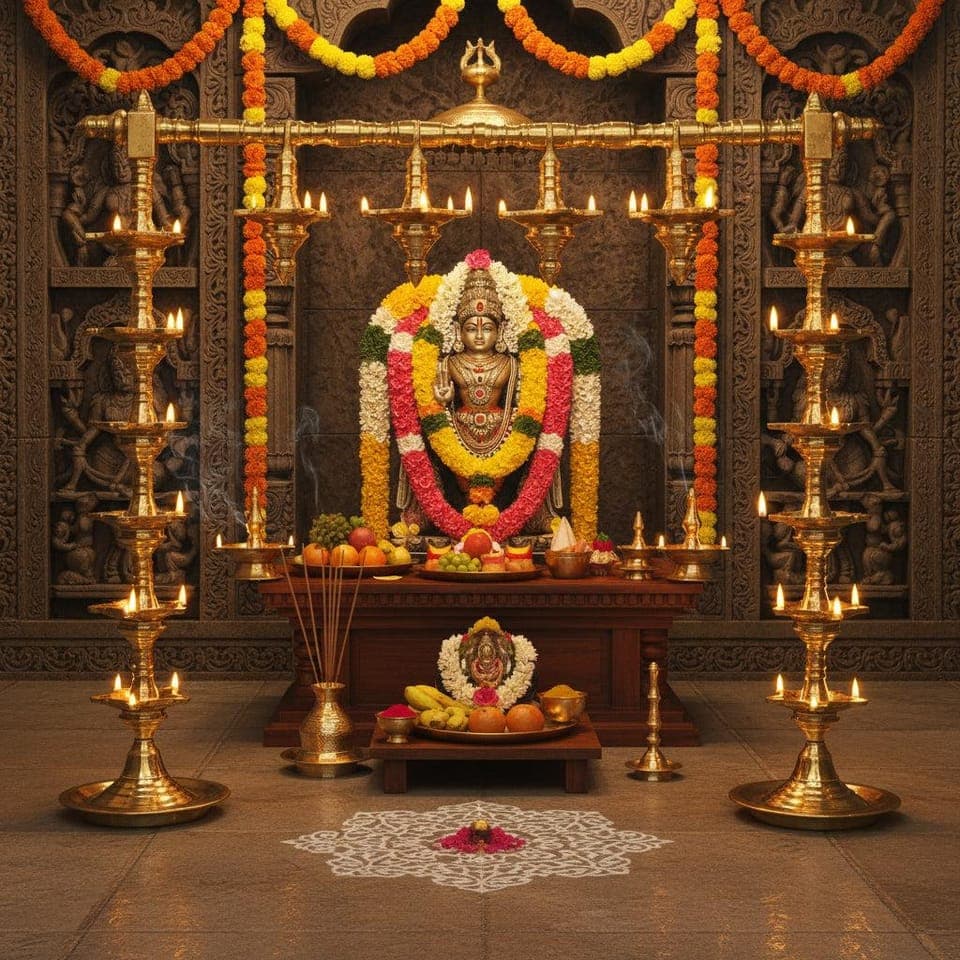 A garlanded deity on a decorated altar with tall brass lamps and offerings