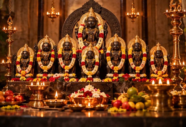 A row of garlanded deity idols with lamps and fruit offerings