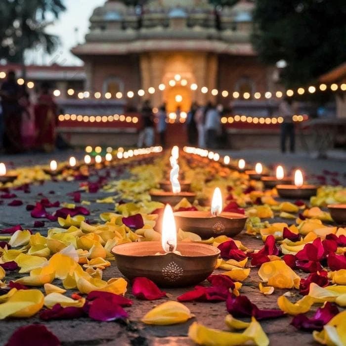 Clay diyas burning among flower petals in front of a temple