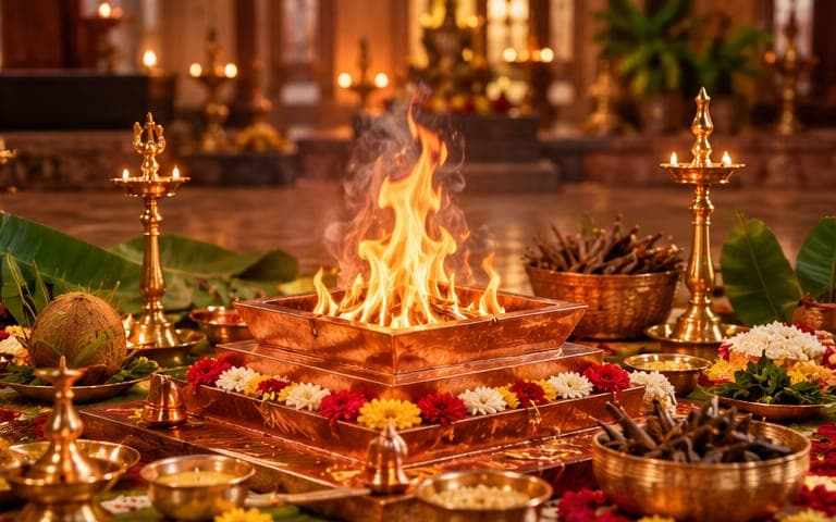 A sacred homa fire burning in a copper kund surrounded by offerings