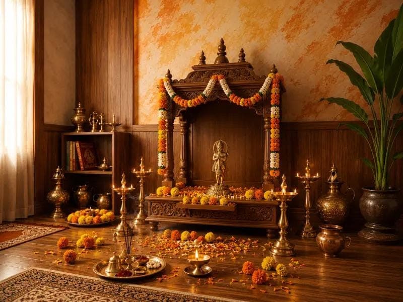 A home pooja corner decorated with marigold garlands and brass lamps