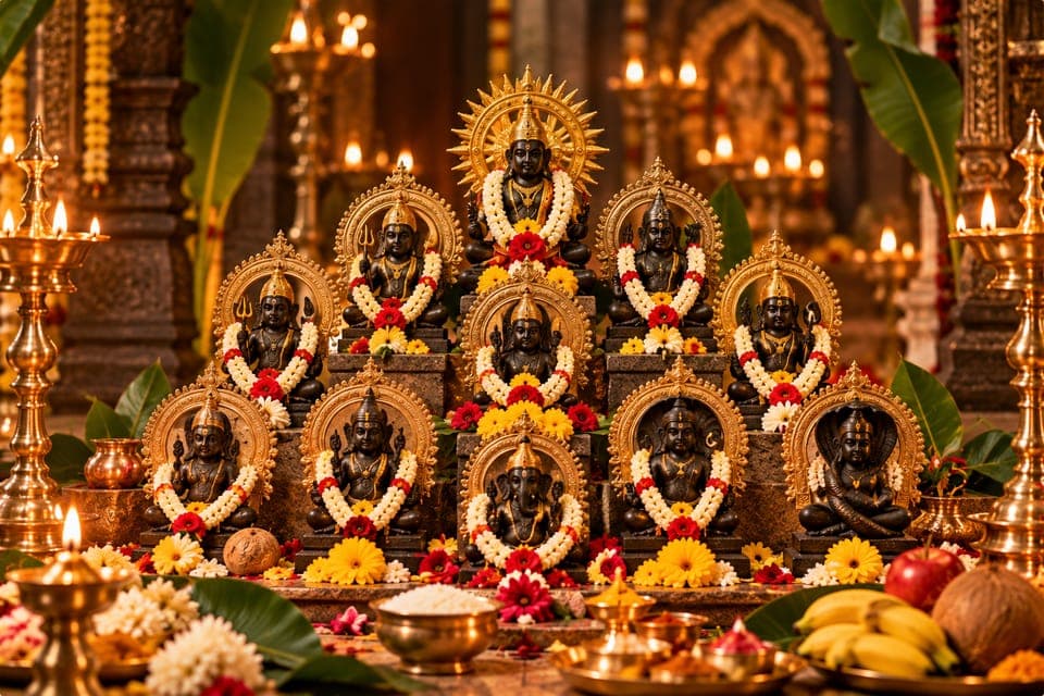 The nine navagraha deities arranged with flowers and brass lamps