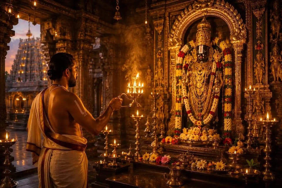 A priest offering a flame lamp aarti before a garlanded temple deity