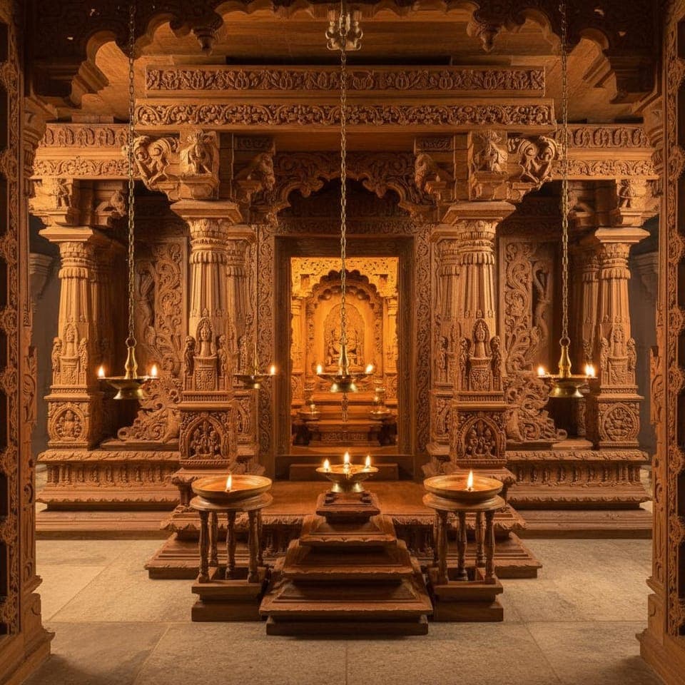 A carved wooden temple mandap lit by hanging brass lamps