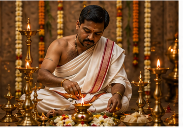 Purohit lighting the diya